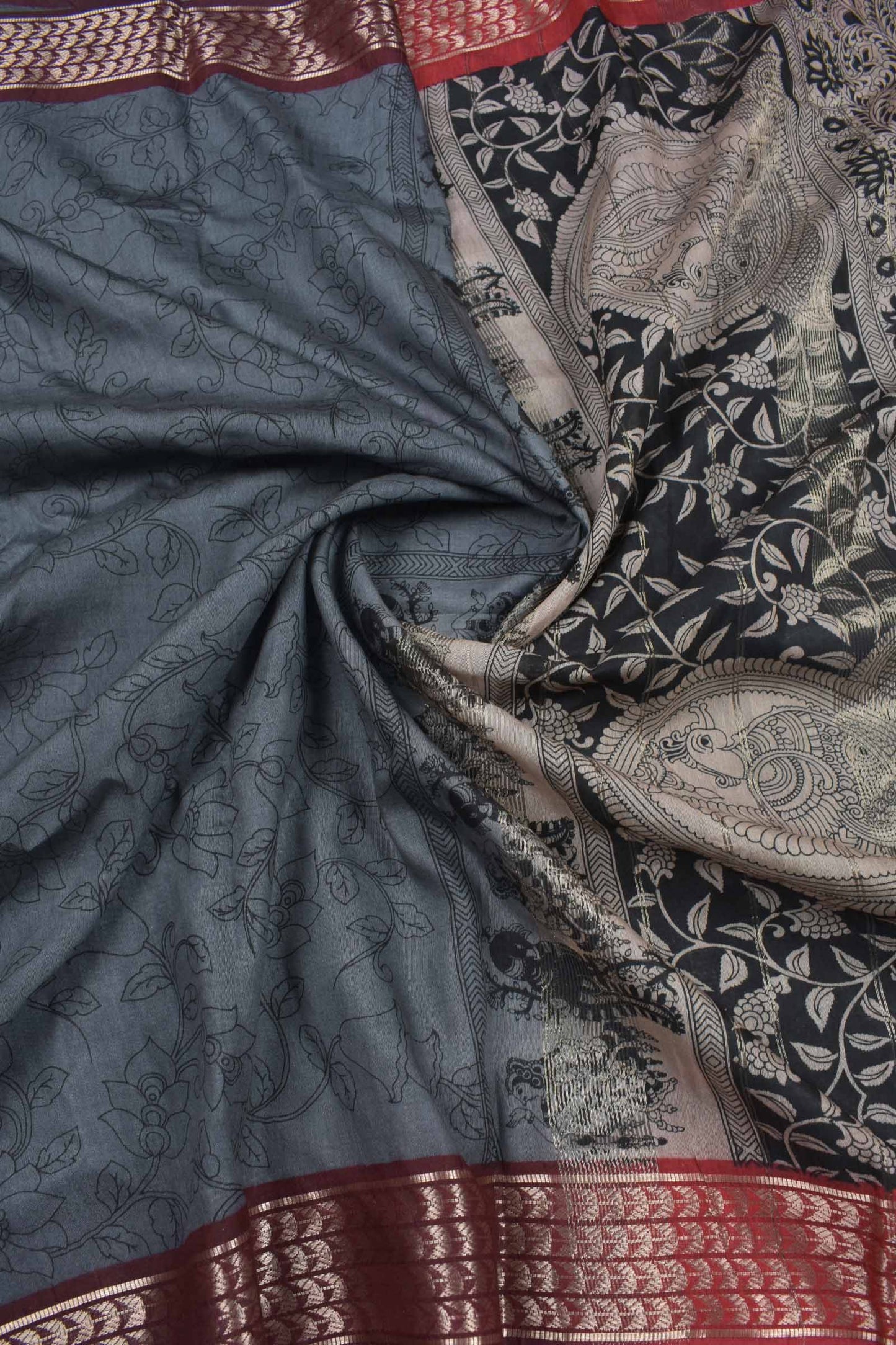 Grey Bengal Cotton Kalamkari Style Zari Border Peacock Pallu Saree
