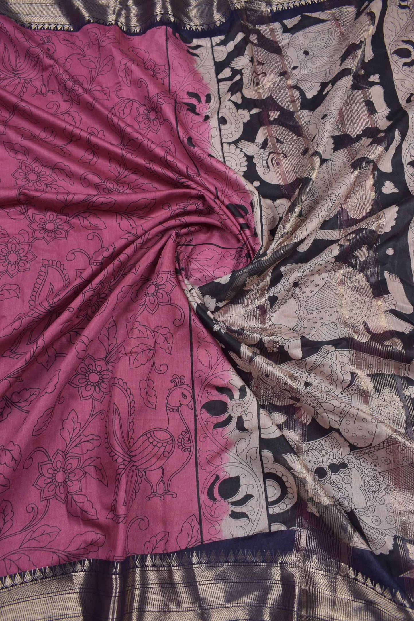 Mulberry Pink Bengal Cotton Peacock Kalamkari Style Zari Pallu Saree