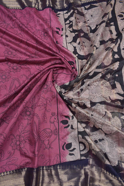 Mulberry Pink Bengal Cotton Peacock Kalamkari Style Zari Pallu Saree