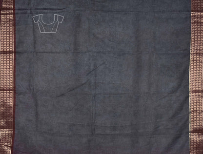 Grey Bengal Cotton Kalamkari Style Zari Border Peacock Pallu Saree