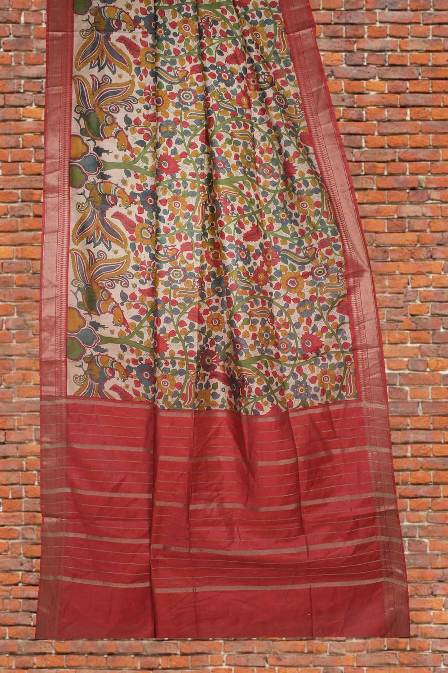 Off White Bengal Cotton Floral Kalamkari Style Peacock Red Zari Border Saree