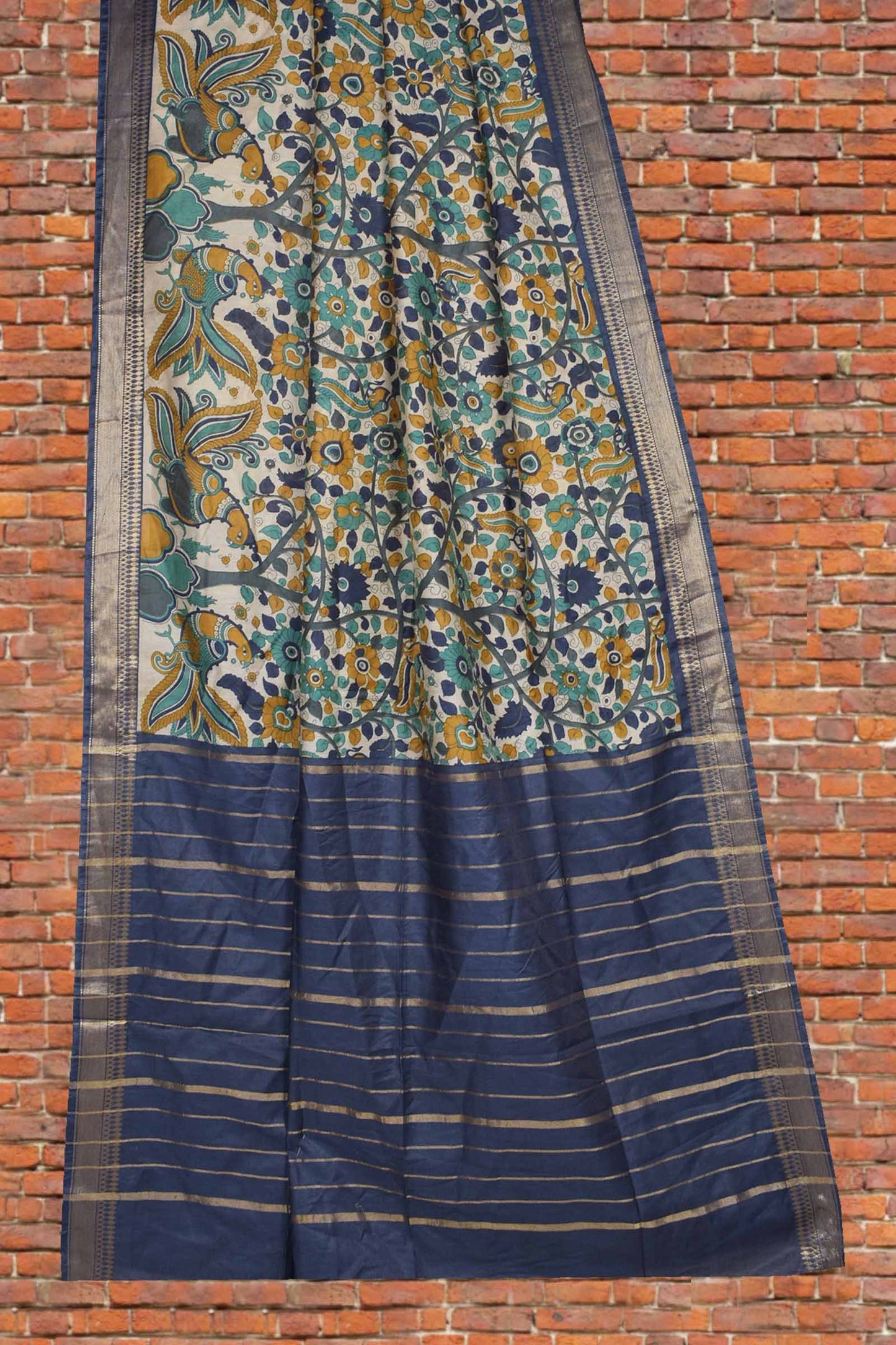 Off White Bengal Cotton Floral Kalamkari Style Peacock Blue Zari Border Saree