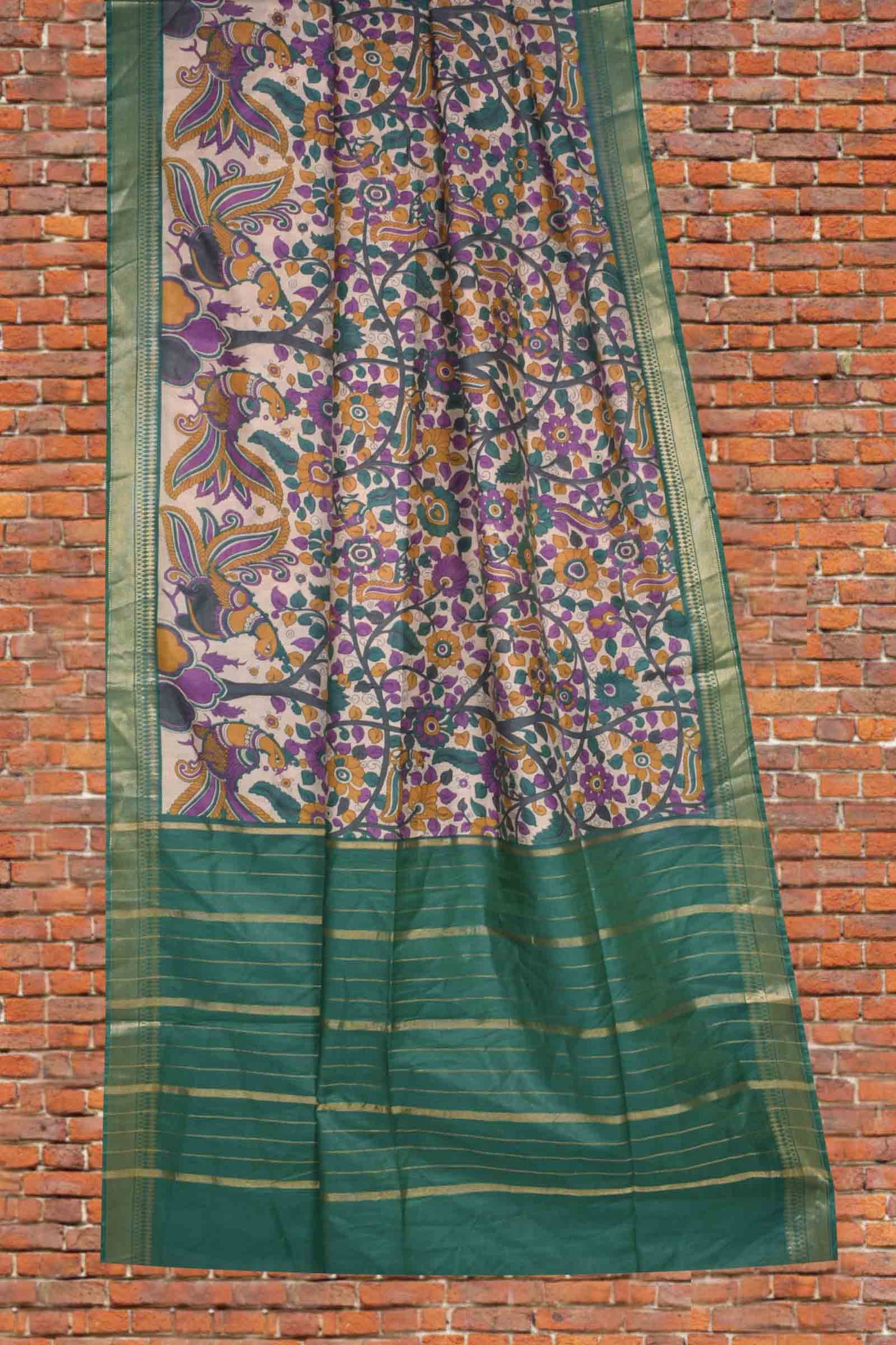 Off White Bengal Cotton Floral Kalamkari Style Peacock Green Zari Border Saree