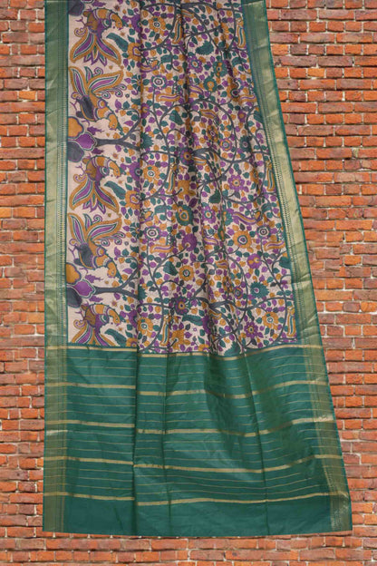 Off White Bengal Cotton Floral Kalamkari Style Peacock Green Zari Border Saree