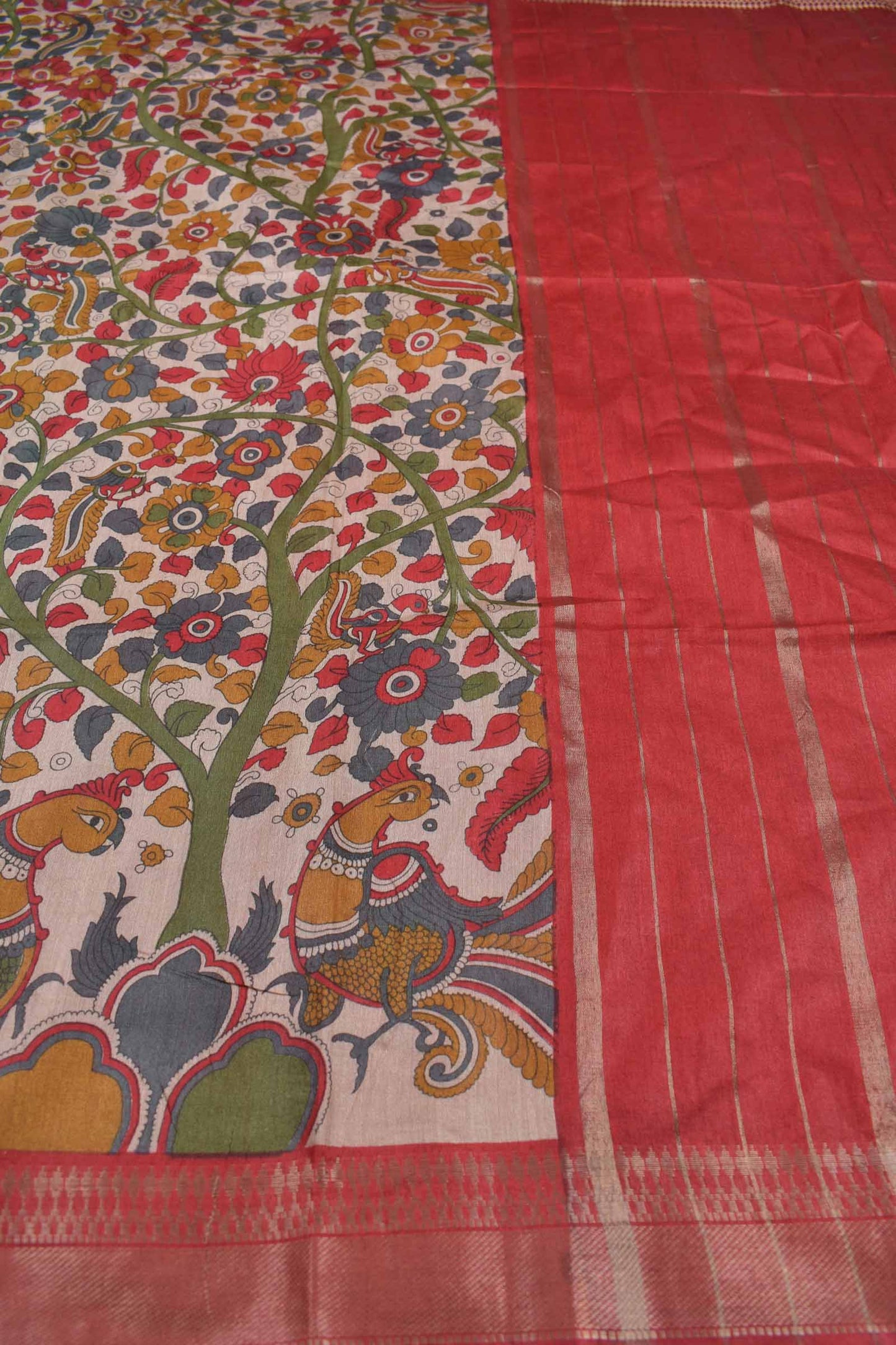 Off White Bengal Cotton Floral Kalamkari Style Peacock Red Zari Border Saree