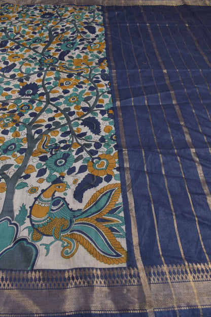 Off White Bengal Cotton Floral Kalamkari Style Peacock Blue Zari Border Saree