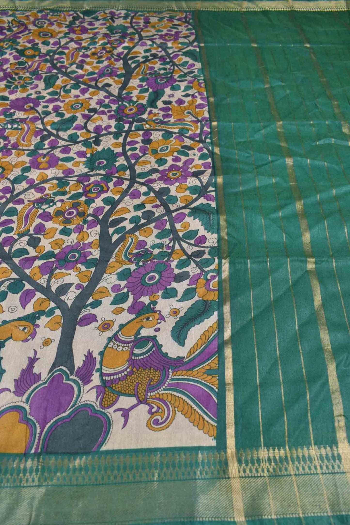 Off White Bengal Cotton Floral Kalamkari Style Peacock Green Zari Border Saree