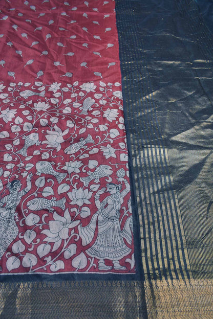 Maroon Bengal Cotton Rhythms of Sea Zari Pallu Saree