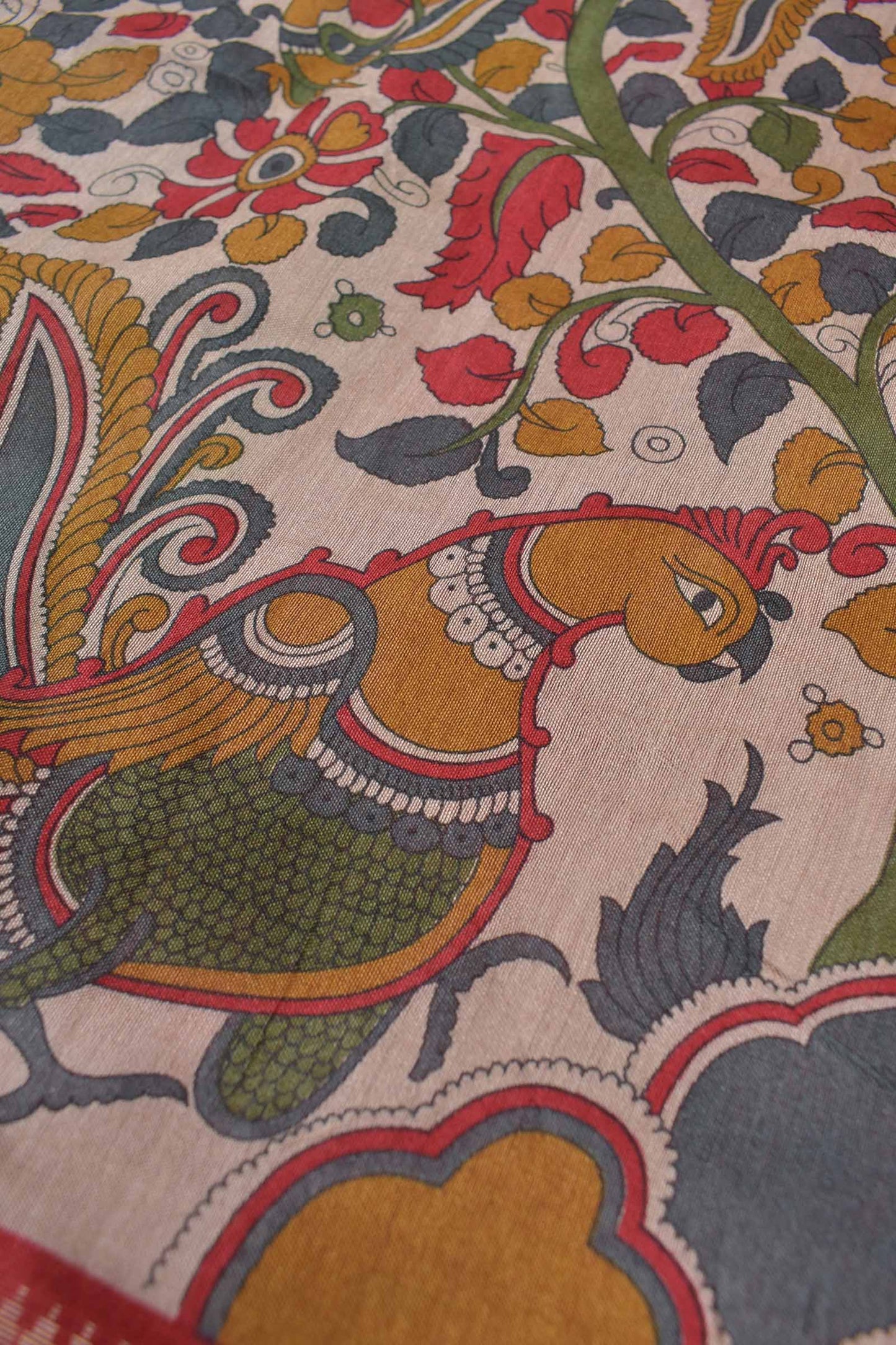 Off White Bengal Cotton Floral Kalamkari Style Peacock Red Zari Border Saree