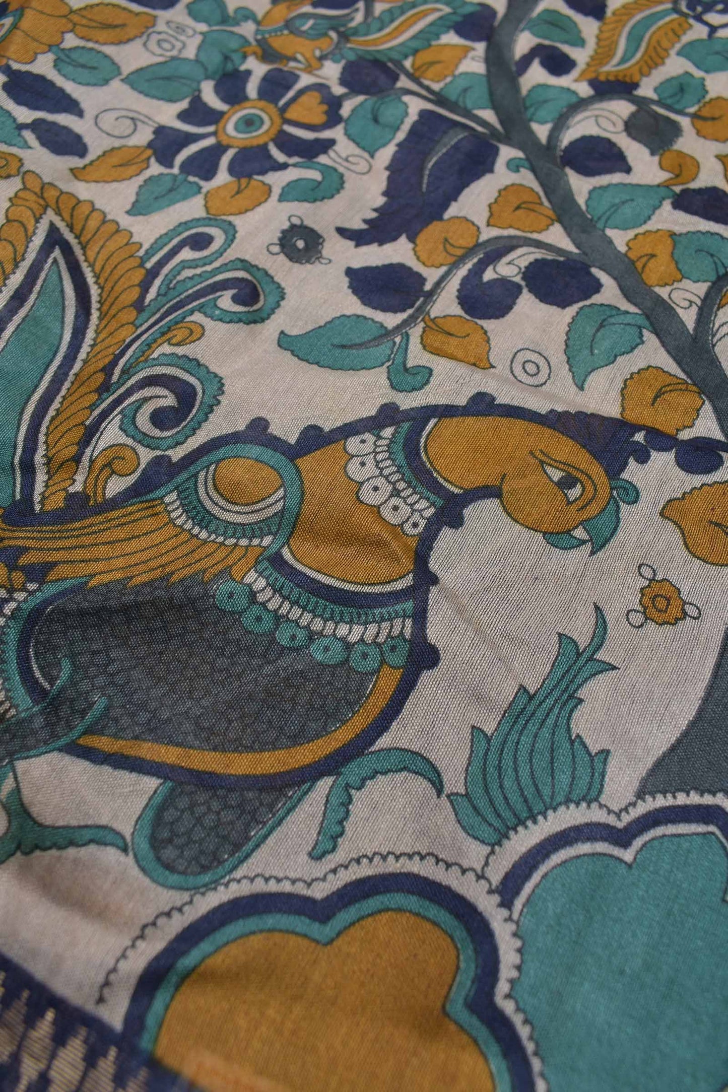 Off White Bengal Cotton Floral Kalamkari Style Peacock Blue Zari Border Saree
