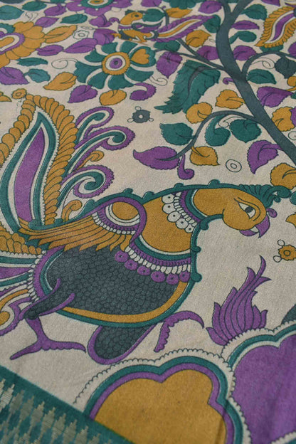 Off White Bengal Cotton Floral Kalamkari Style Peacock Green Zari Border Saree