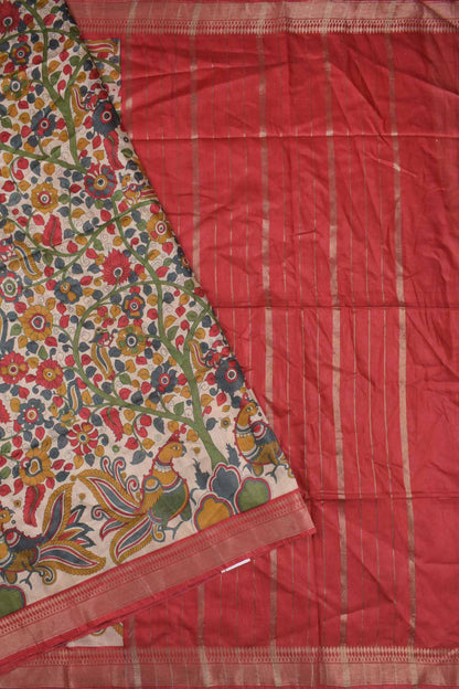Off White Bengal Cotton Floral Kalamkari Style Peacock Red Zari Border Saree