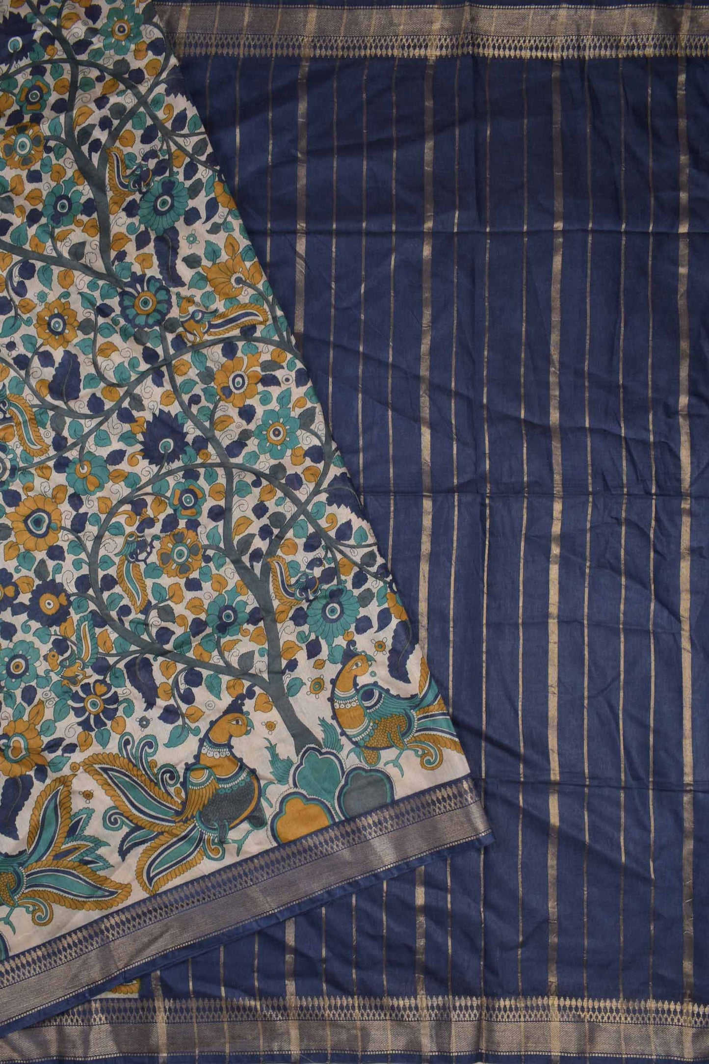 Off White Bengal Cotton Floral Kalamkari Style Peacock Blue Zari Border Saree