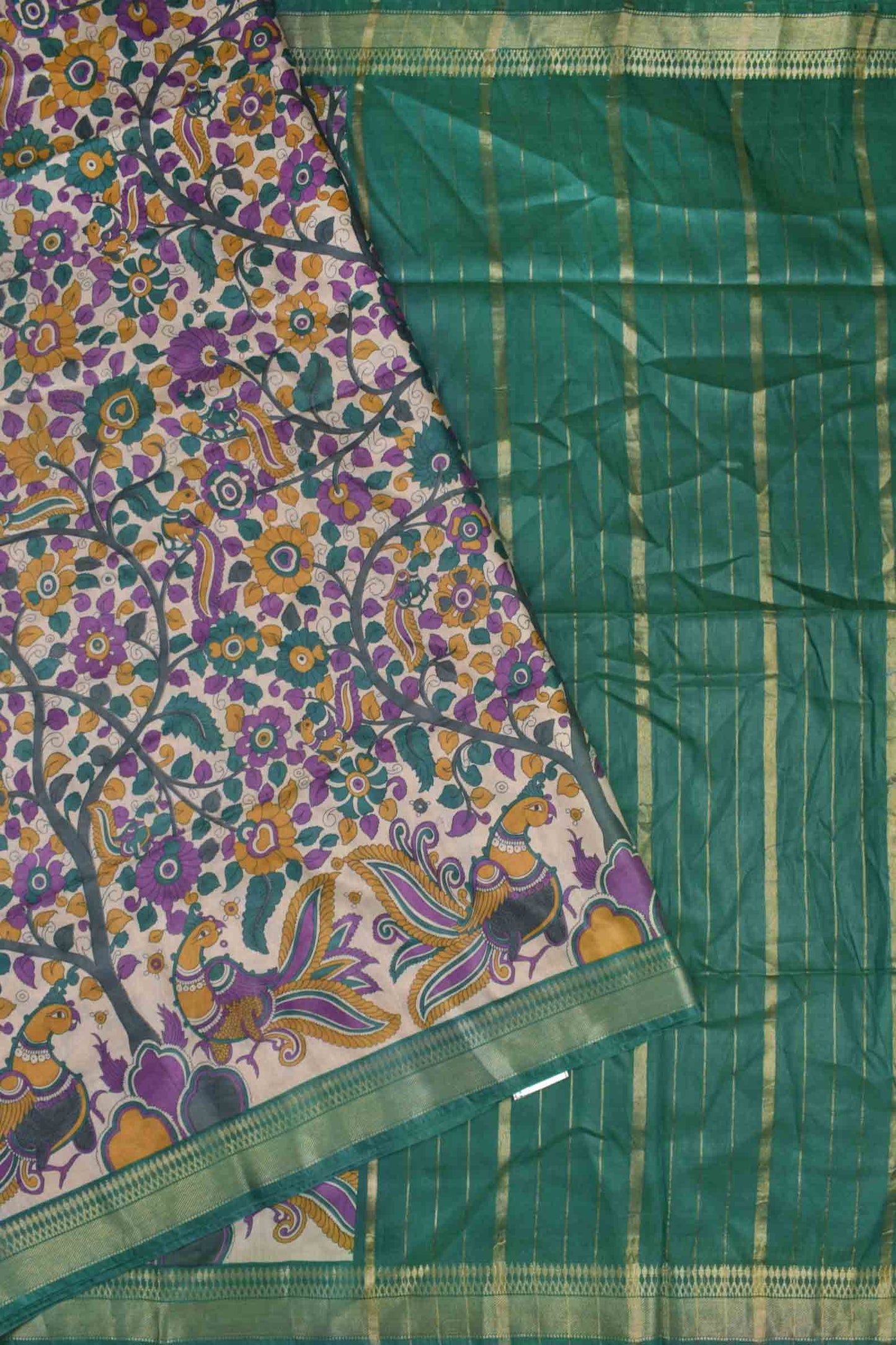Off White Bengal Cotton Floral Kalamkari Style Peacock Green Zari Border Saree