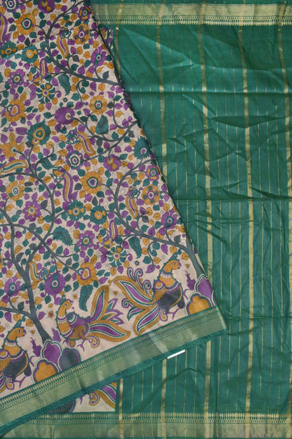 Off White Bengal Cotton Floral Kalamkari Style Peacock Green Zari Border Saree