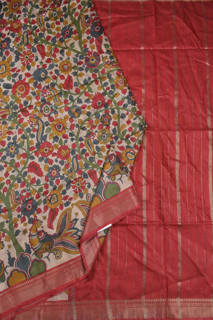 Off White Bengal Cotton Floral Kalamkari Style Peacock Red Zari Border Saree