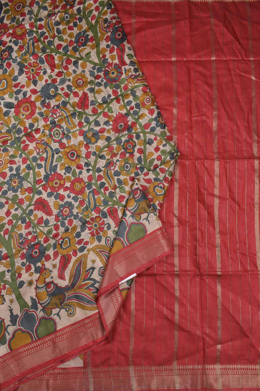 Off White Bengal Cotton Floral Kalamkari Style Peacock Red Zari Border Saree