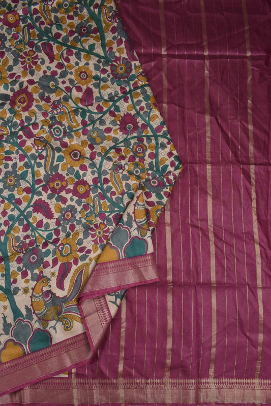Off White Bengal Cotton Floral Kalamkari Style Peacock Pink Zari Border Saree