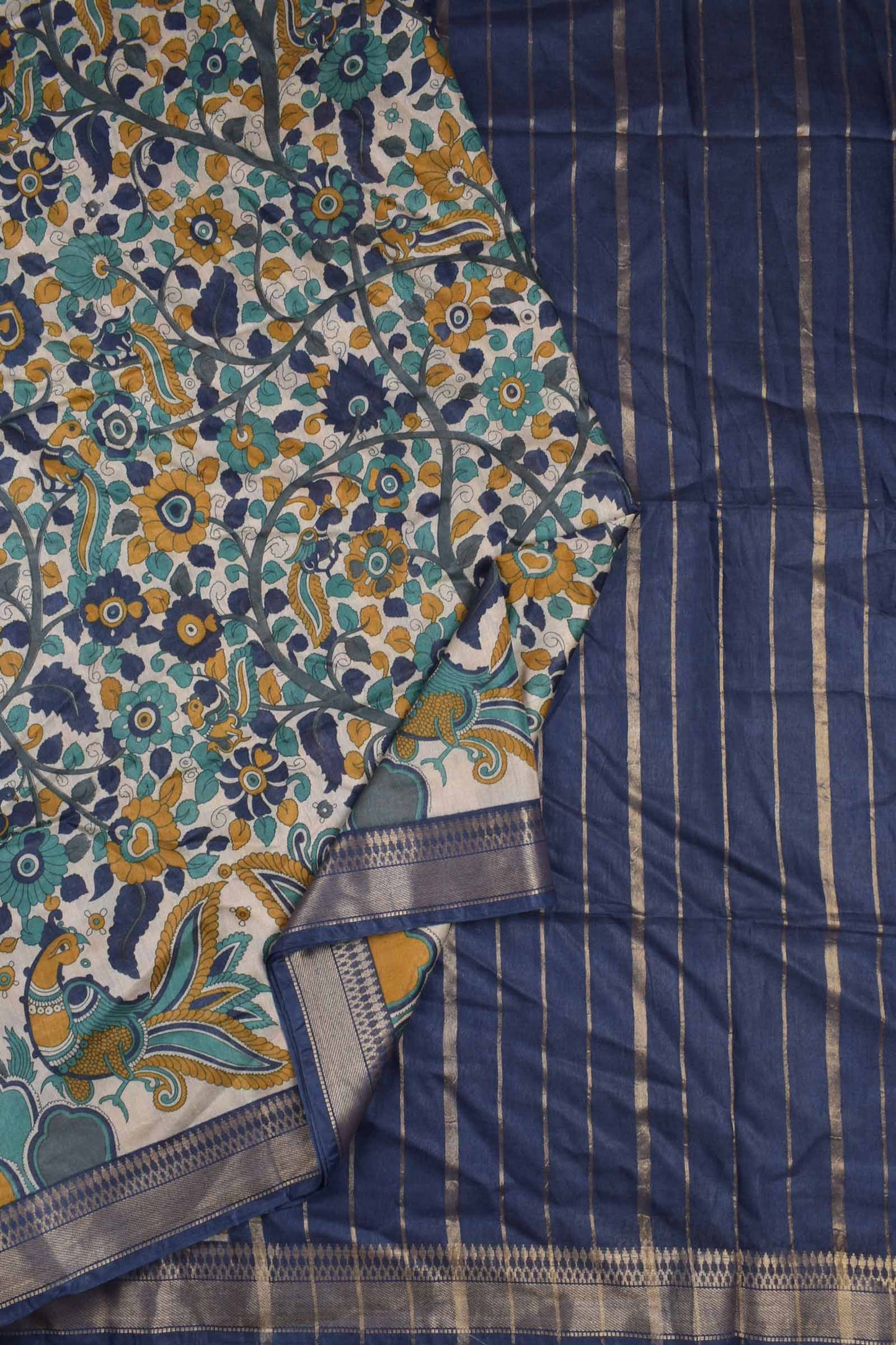 Off White Bengal Cotton Floral Kalamkari Style Peacock Blue Zari Border Saree