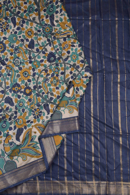 Off White Bengal Cotton Floral Kalamkari Style Peacock Blue Zari Border Saree
