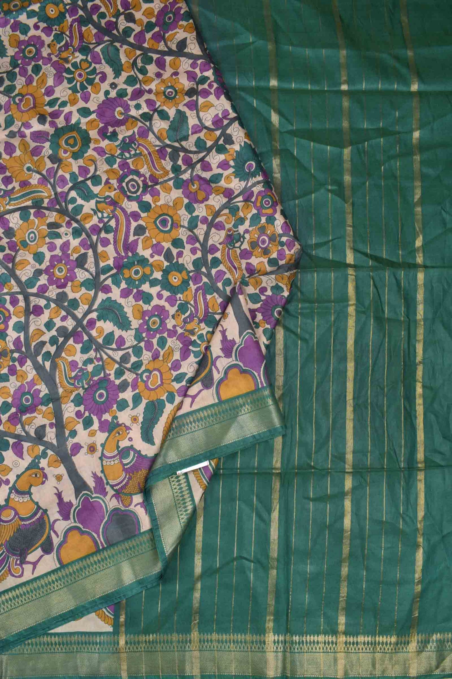 Off White Bengal Cotton Floral Kalamkari Style Peacock Green Zari Border Saree