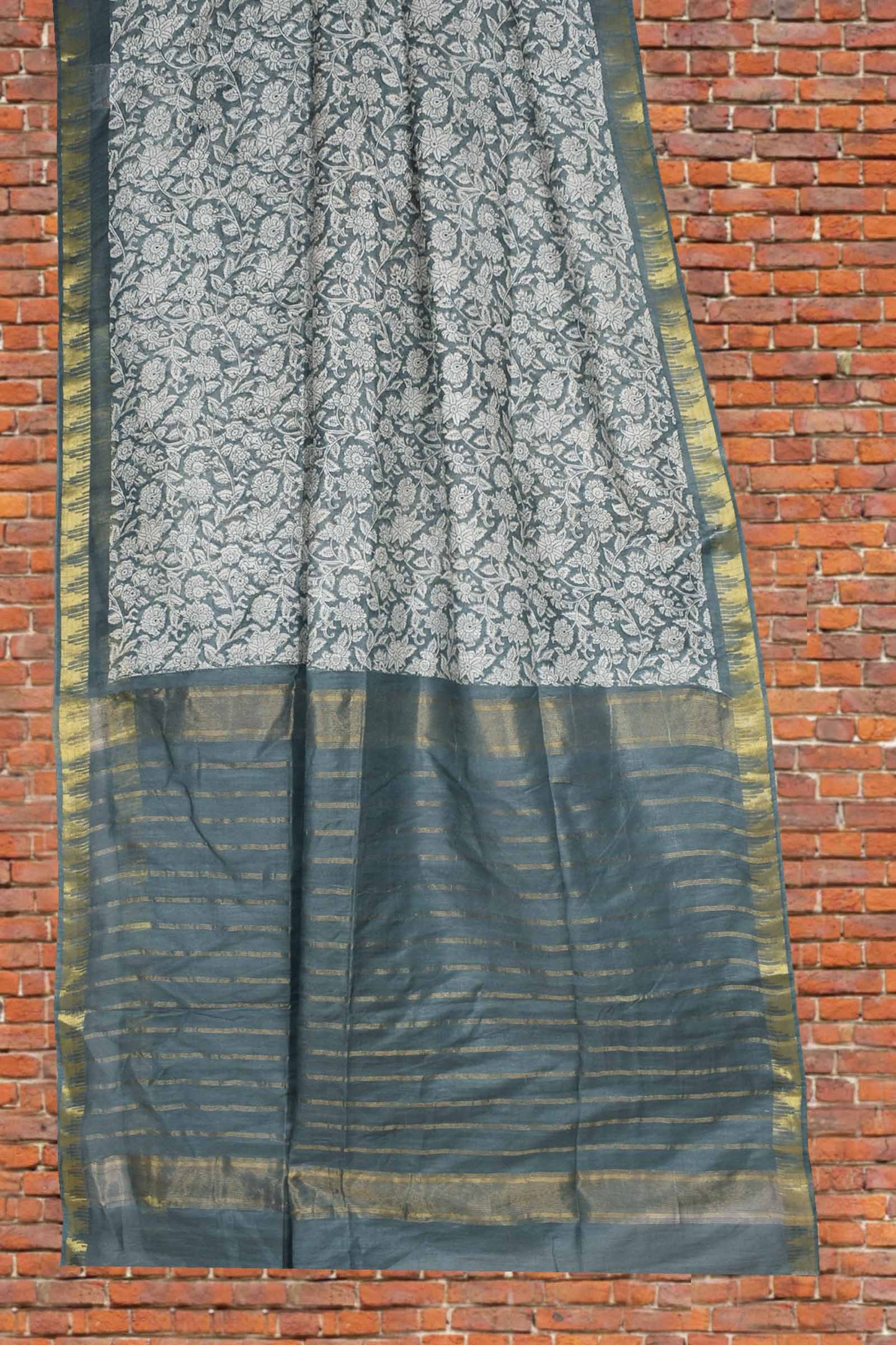 Grey Bengal Cotton Floral Kalamkari Style Zari Border Stripes Pallu Saree