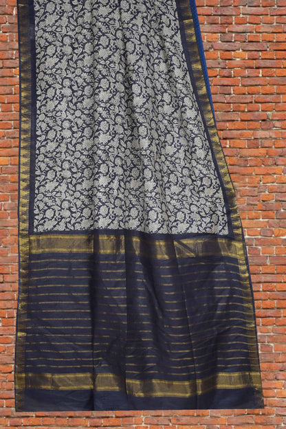 Blue Bengal Cotton Floral Kalamkari Style Zari Border Stripes Pallu Saree