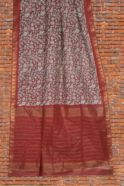 Red Bengal Cotton Floral Kalamkari Style Zari Border Saree