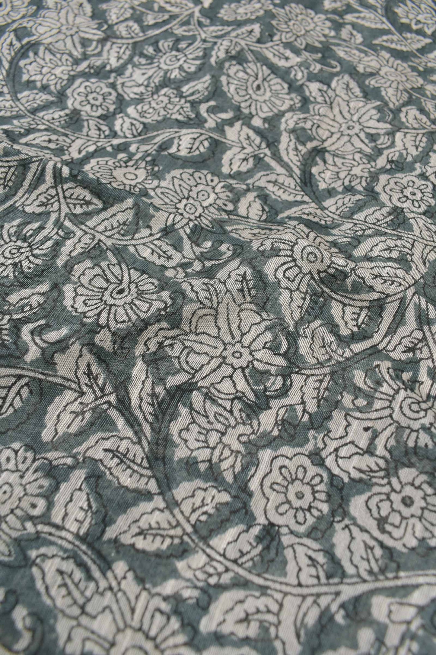 Grey Bengal Cotton Floral Kalamkari Style Zari Border Stripes Pallu Saree