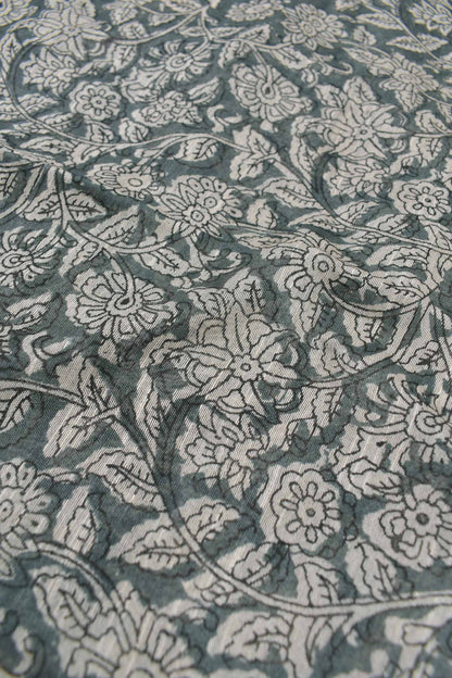 Grey Bengal Cotton Floral Kalamkari Style Zari Border Stripes Pallu Saree