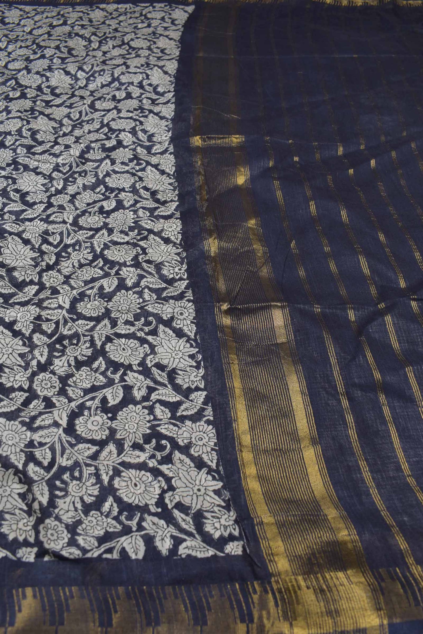Blue Bengal Cotton Floral Kalamkari Style Zari Border Stripes Pallu Saree
