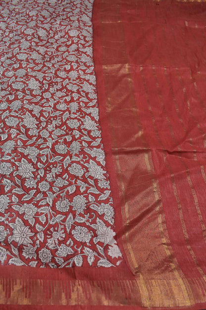 Red Bengal Cotton Floral Kalamkari Style Zari Border Saree
