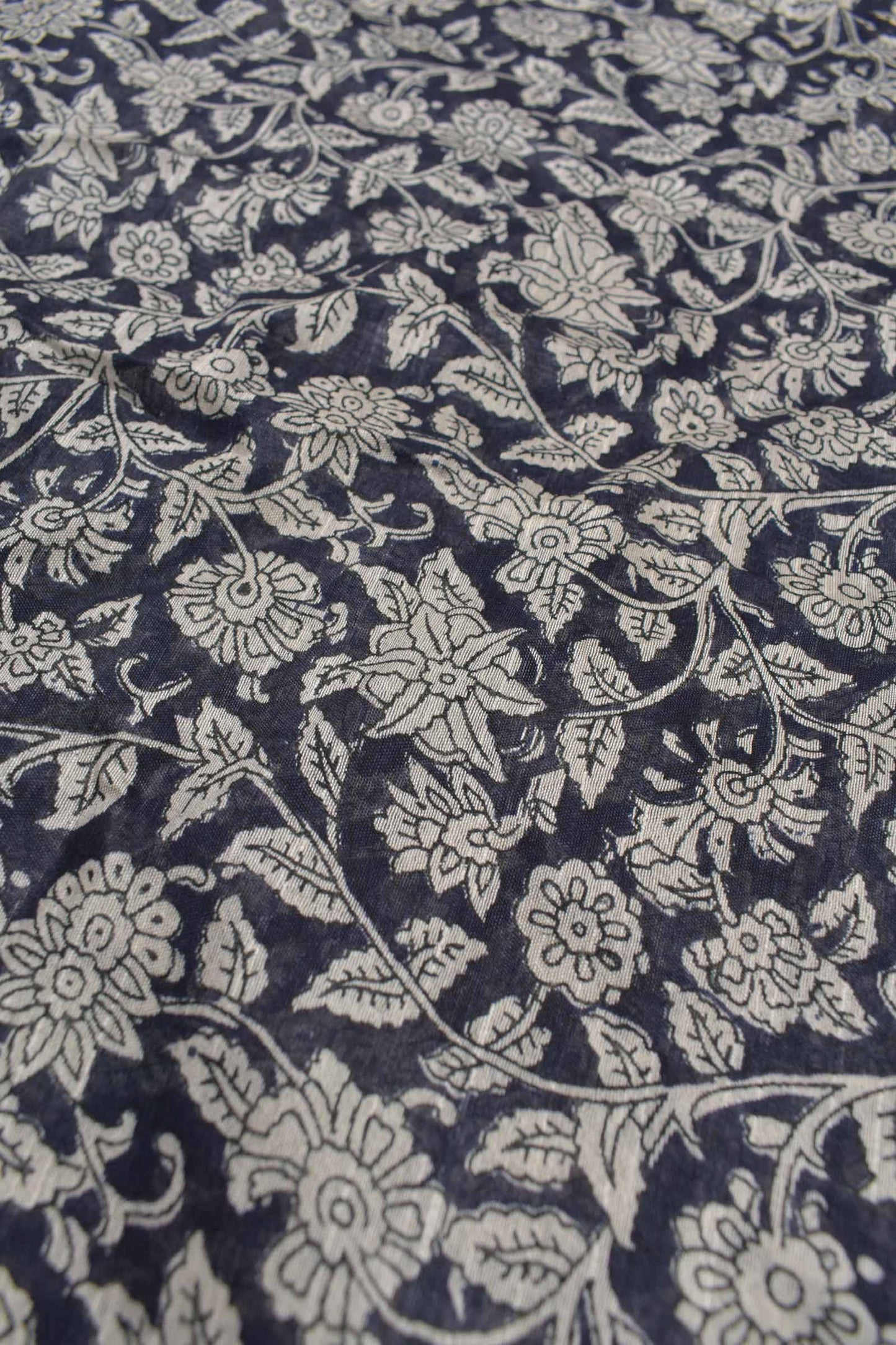 Blue Bengal Cotton Floral Kalamkari Style Zari Border Stripes Pallu Saree