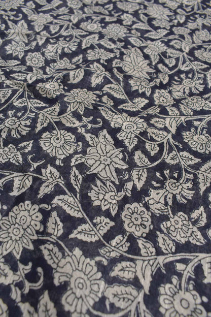 Blue Bengal Cotton Floral Kalamkari Style Zari Border Stripes Pallu Saree