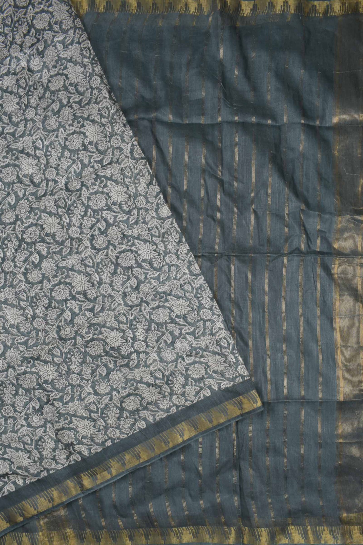 Grey Bengal Cotton Floral Kalamkari Style Zari Border Stripes Pallu Saree