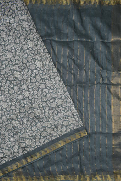 Grey Bengal Cotton Floral Kalamkari Style Zari Border Stripes Pallu Saree