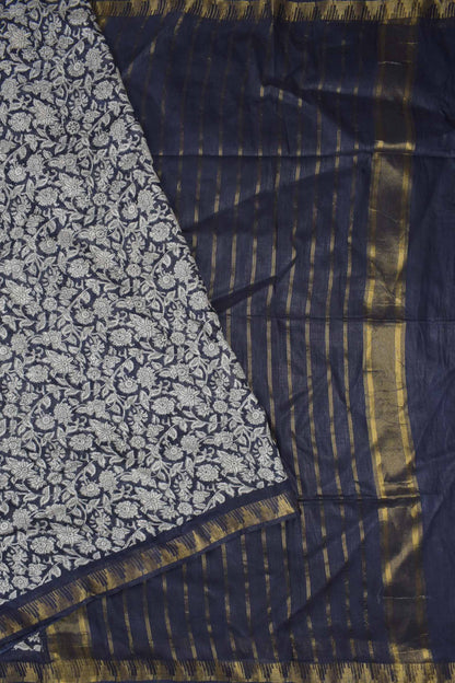 Blue Bengal Cotton Floral Kalamkari Style Zari Border Stripes Pallu Saree