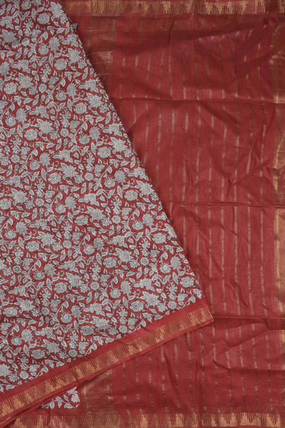 Red Bengal Cotton Floral Kalamkari Style Zari Border Saree
