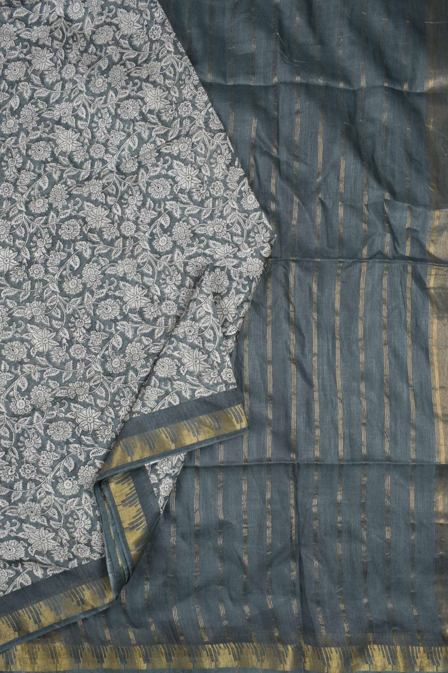 Grey Bengal Cotton Floral Kalamkari Style Zari Border Stripes Pallu Saree