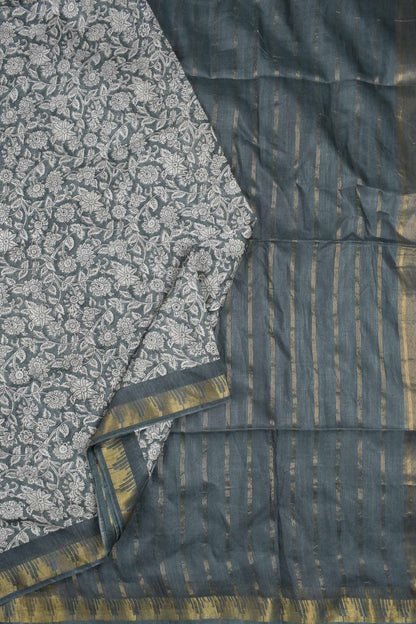 Grey Bengal Cotton Floral Kalamkari Style Zari Border Stripes Pallu Saree