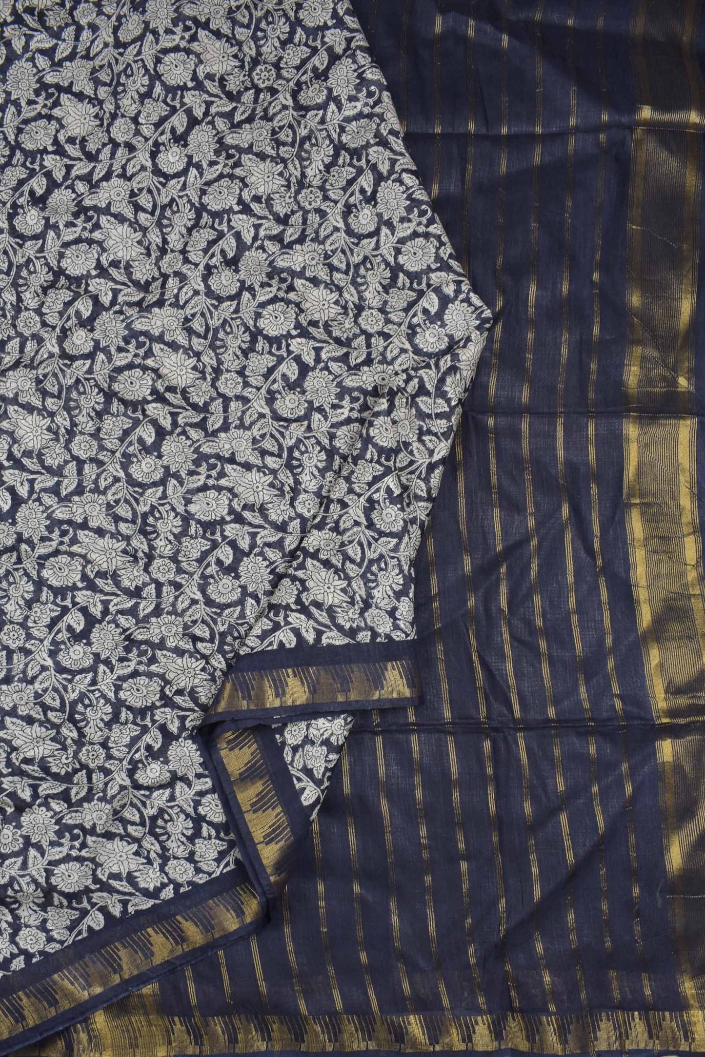 Blue Bengal Cotton Floral Kalamkari Style Zari Border Stripes Pallu Saree