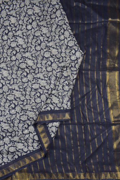 Blue Bengal Cotton Floral Kalamkari Style Zari Border Stripes Pallu Saree