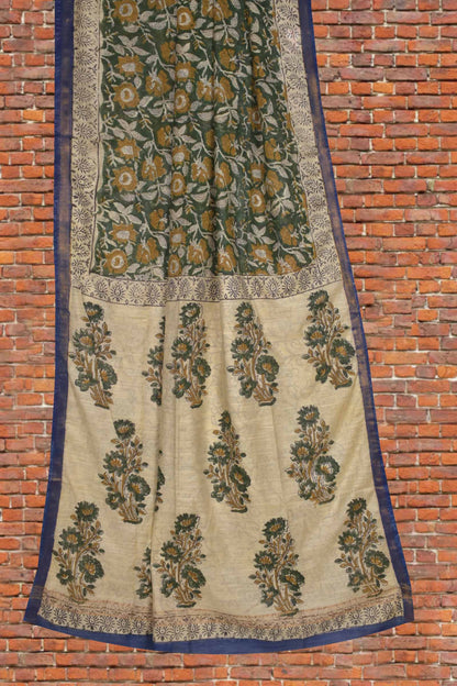 Green Bengal Cotton Floral Kalamkari Style Zari Border Saree