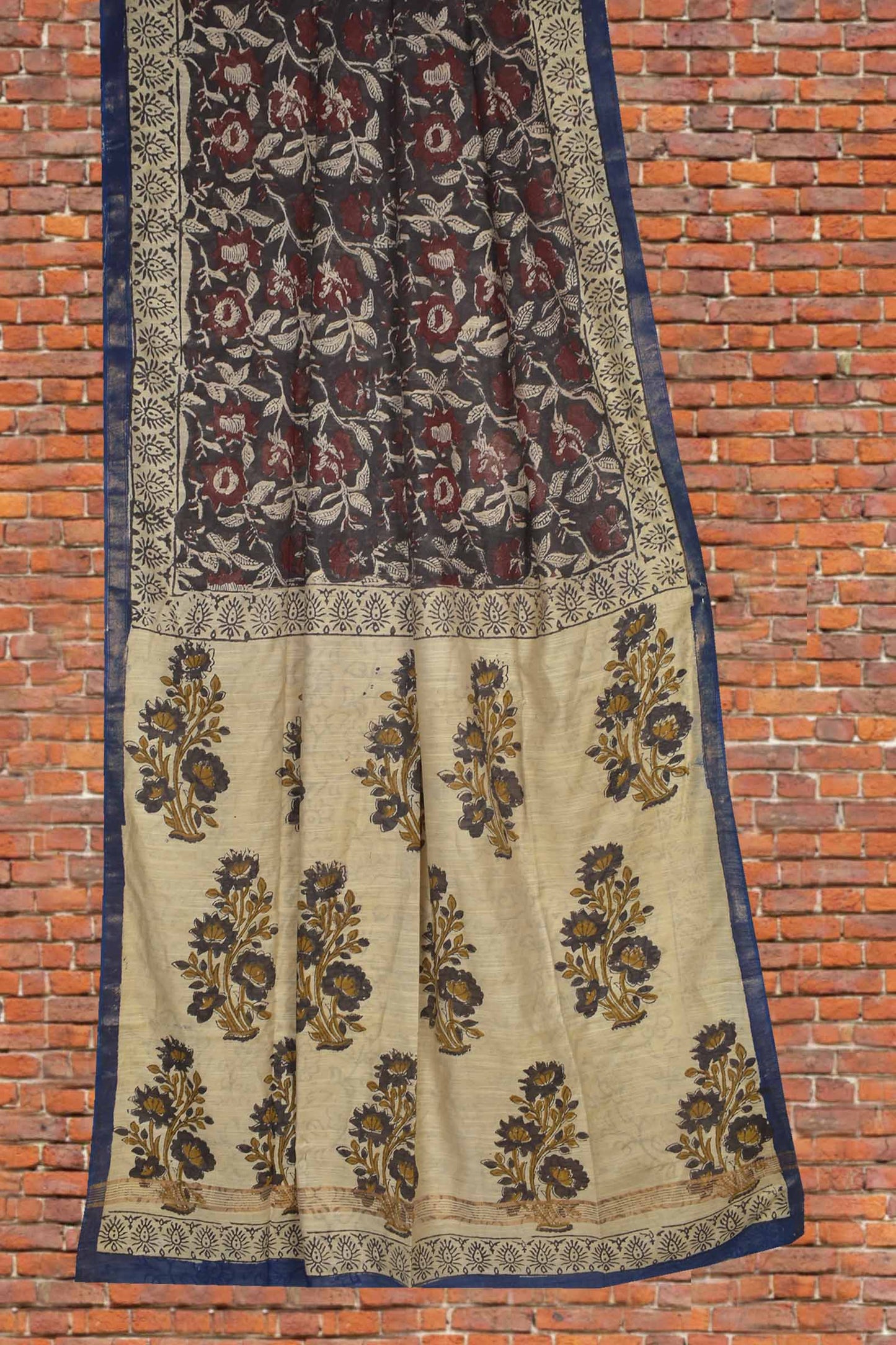 Brown Bengal Cotton Floral Kalamkari Style Zari Border Saree