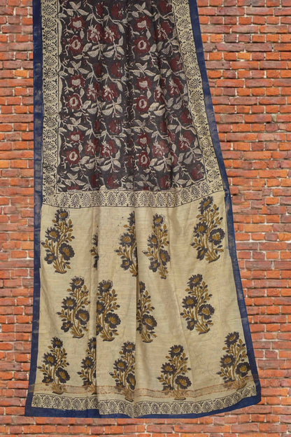 Brown Bengal Cotton Floral Kalamkari Style Zari Border Saree