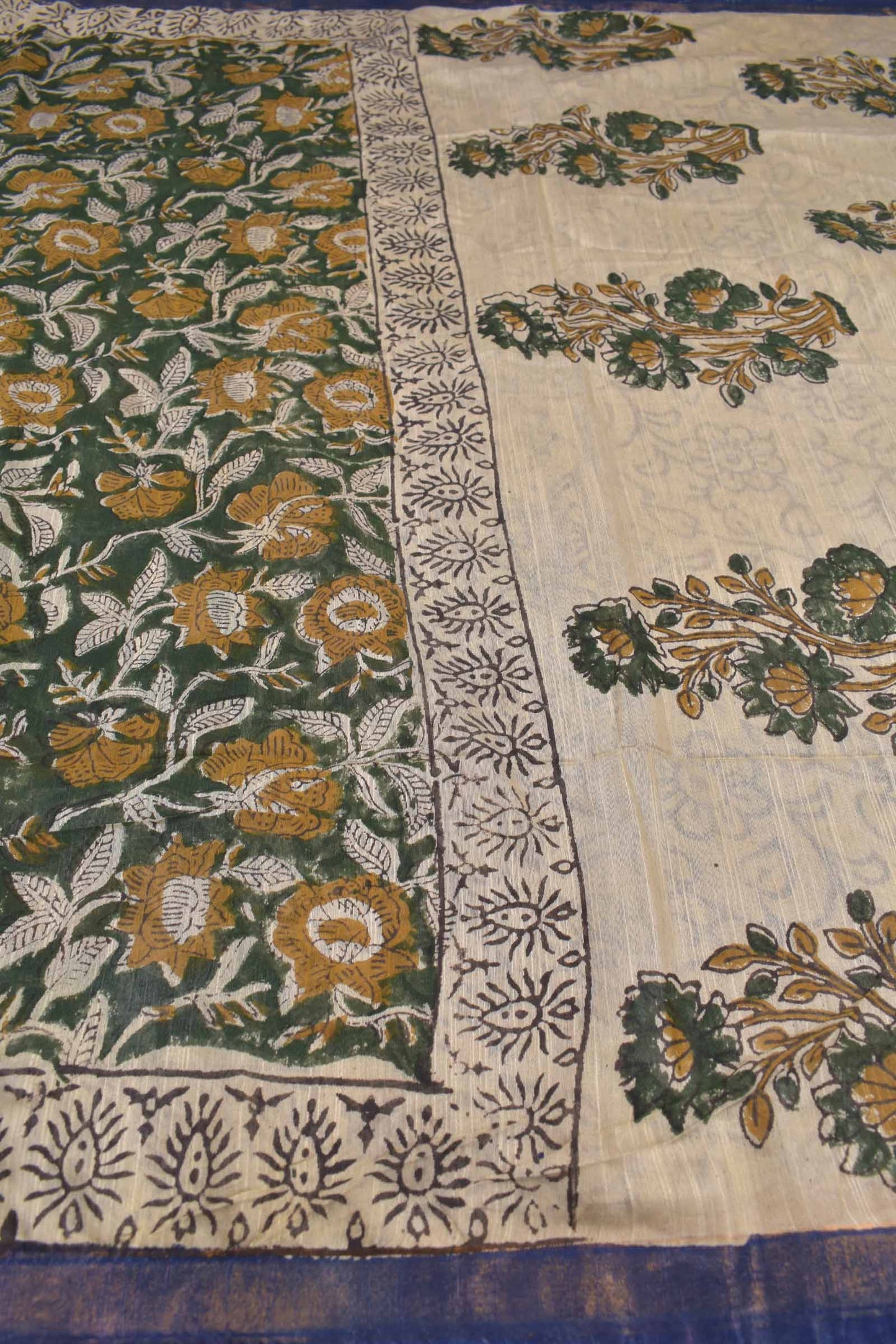 Green Bengal Cotton Floral Kalamkari Style Zari Border Saree