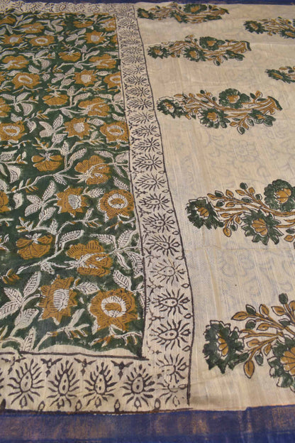 Green Bengal Cotton Floral Kalamkari Style Zari Border Saree