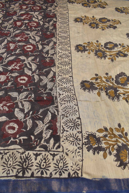 Brown Bengal Cotton Floral Kalamkari Style Zari Border Saree