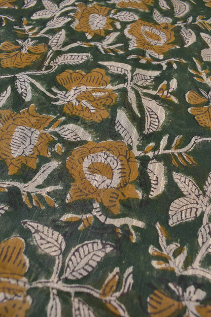 Green Bengal Cotton Floral Kalamkari Style Zari Border Saree