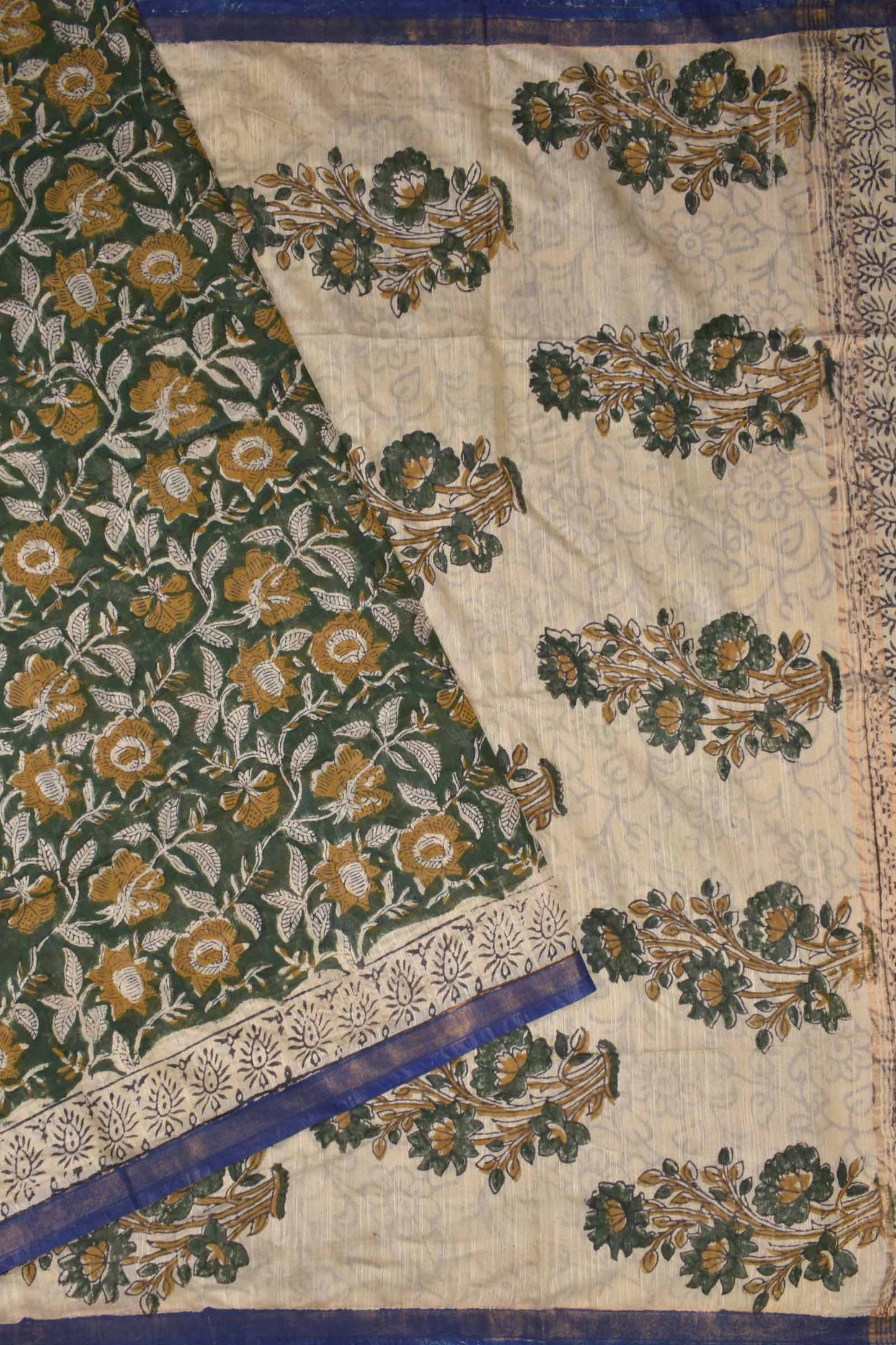 Green Bengal Cotton Floral Kalamkari Style Zari Border Saree
